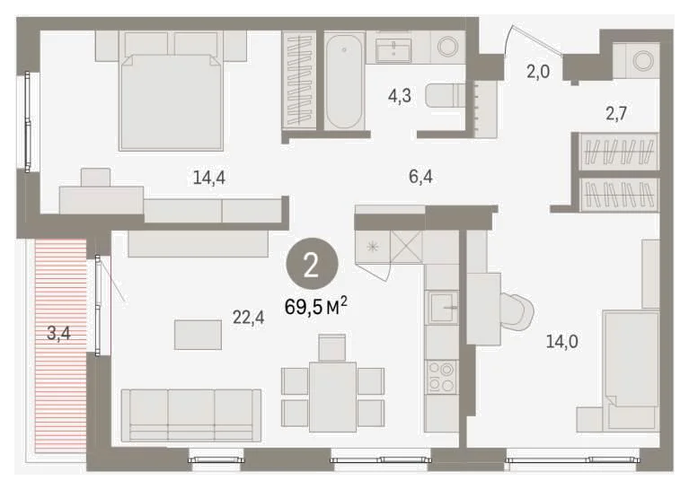 Планировка: 2-комн., 69,5 м²