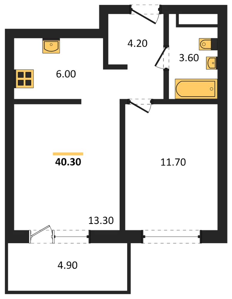 Планировка: 1-комн., 40,3 м²