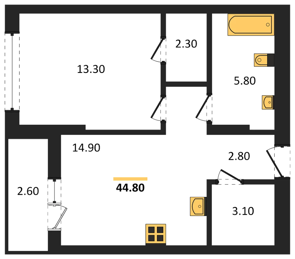 Планировка: 1-комн., 44,8 м²