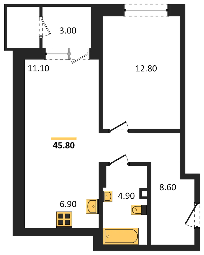 Планировка: 1-комн., 45,8 м²