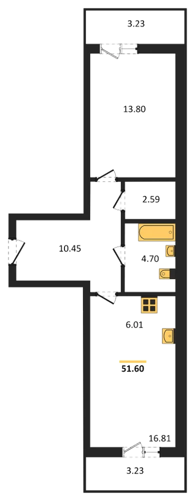 Планировка: 1-комн., 51,6 м²
