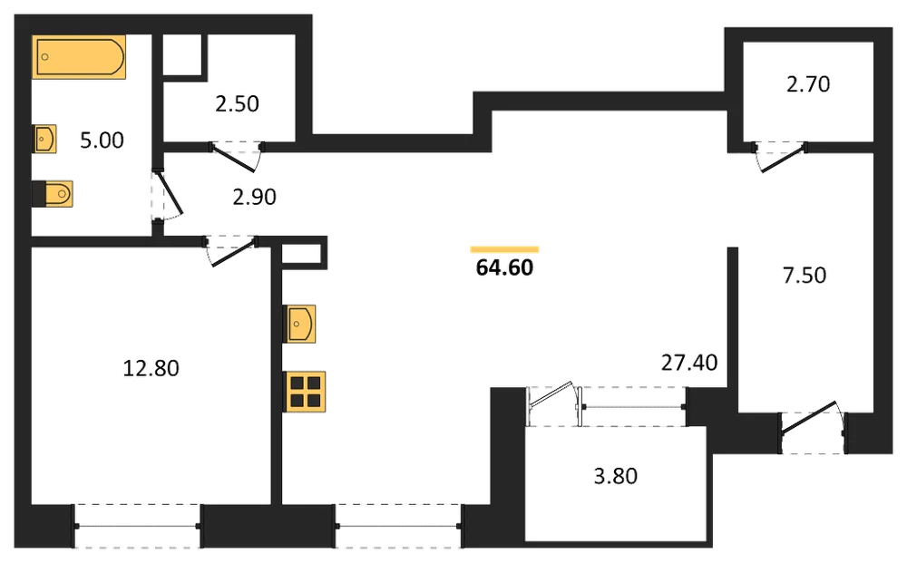 Планировка: 1-комн., 64,6 м²
