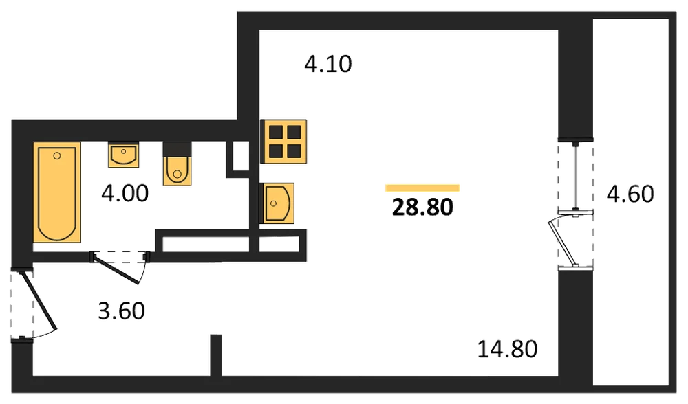 Планировка: 1-комн., 26,1 м²