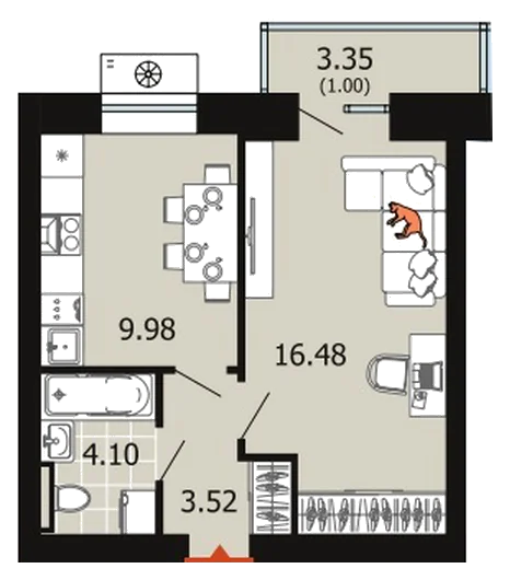 Планировка: 1-комн., 35,1 м²