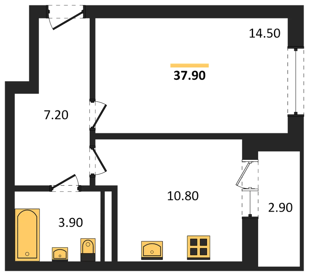 Планировка: 1-комн., 37,9 м²