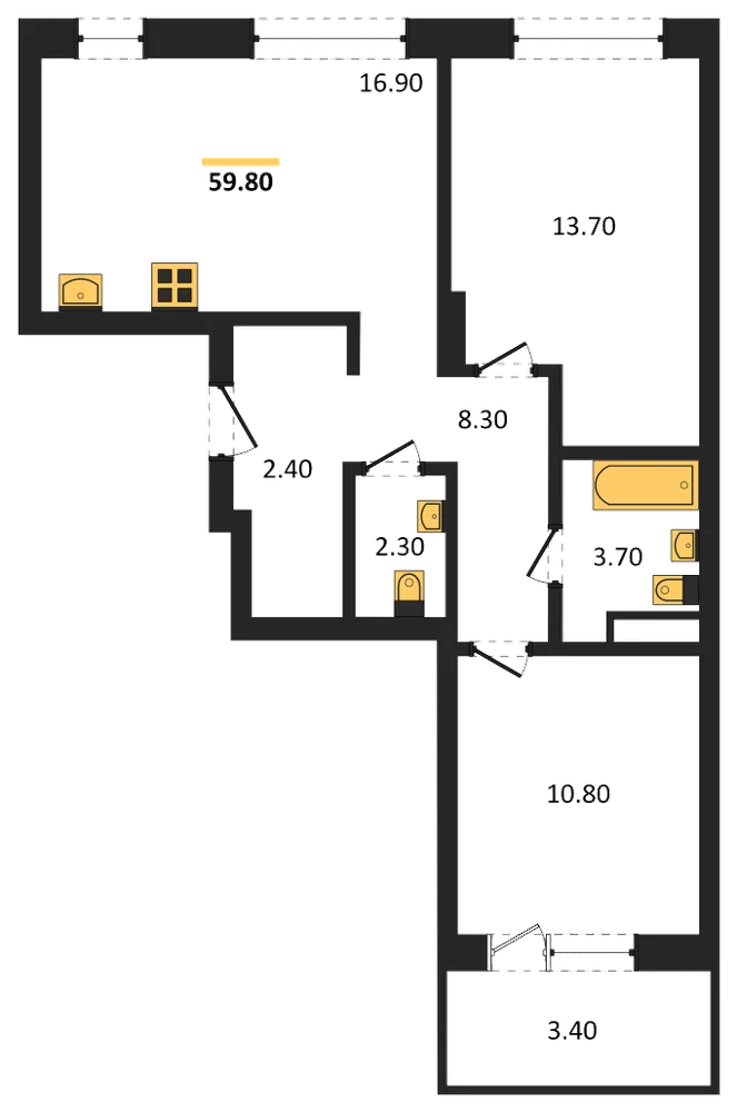 Планировка: 2-комн., 59,8 м²