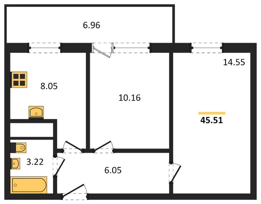 Планировка: 2-комн., 45,5 м²