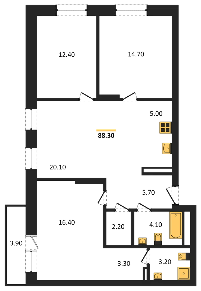 Планировка: 3-комн., 88,2 м²