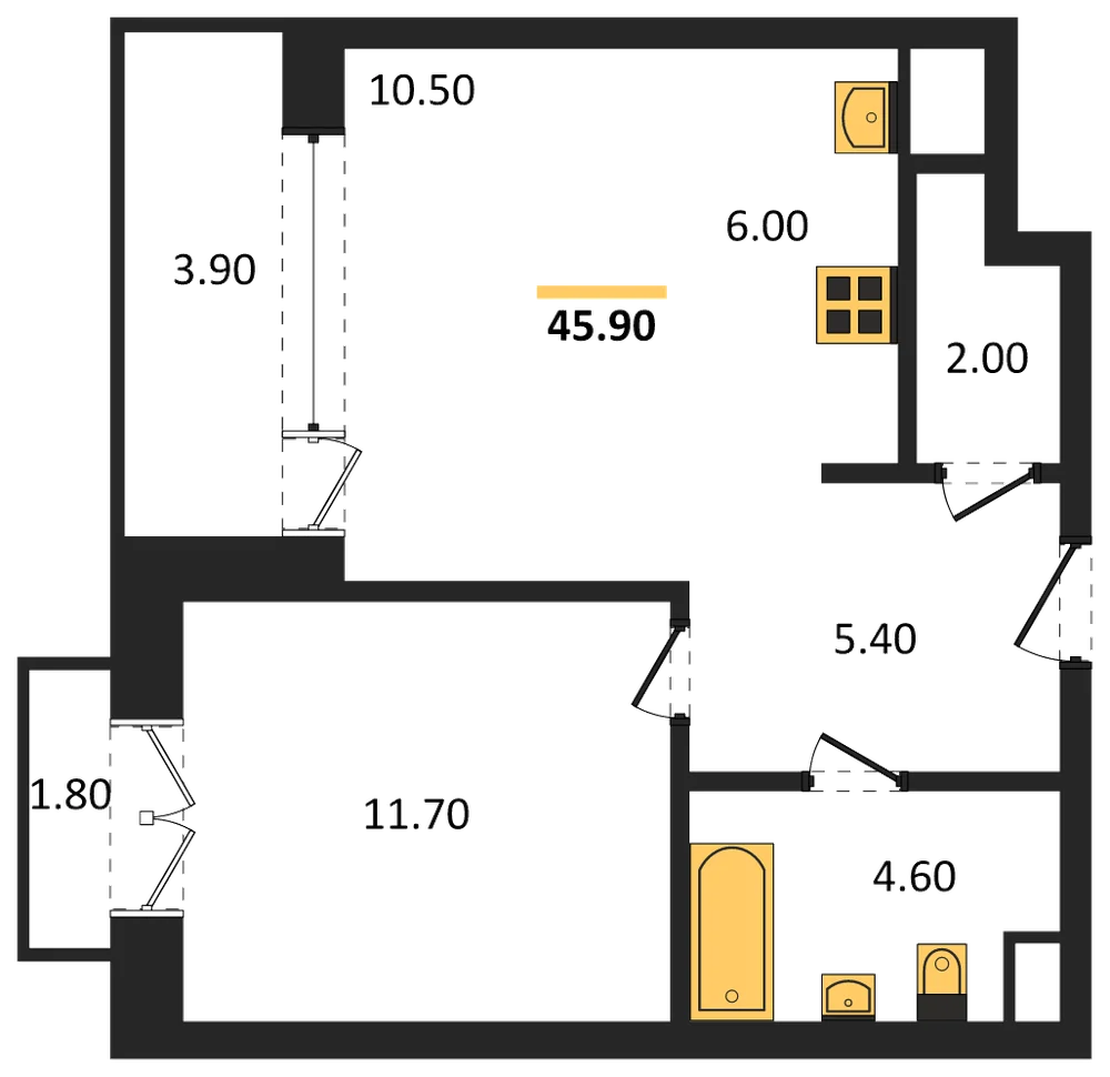 Планировка: 1-комн., 45,9 м²