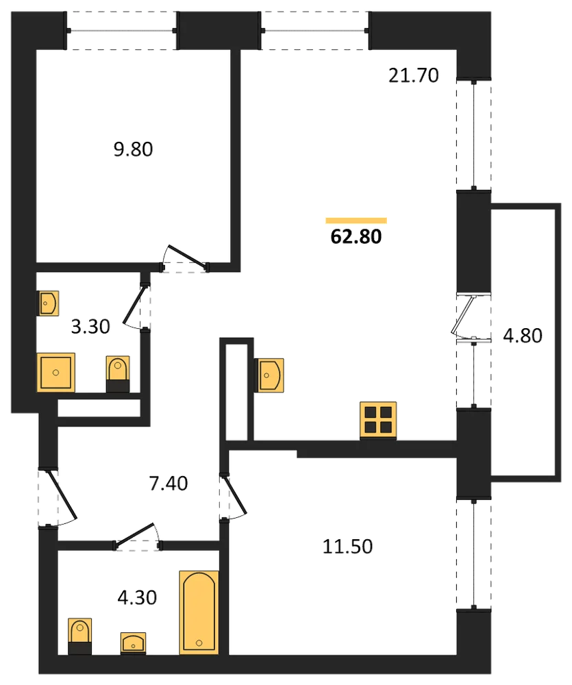 Планировка: 2-комн., 59,4 м²