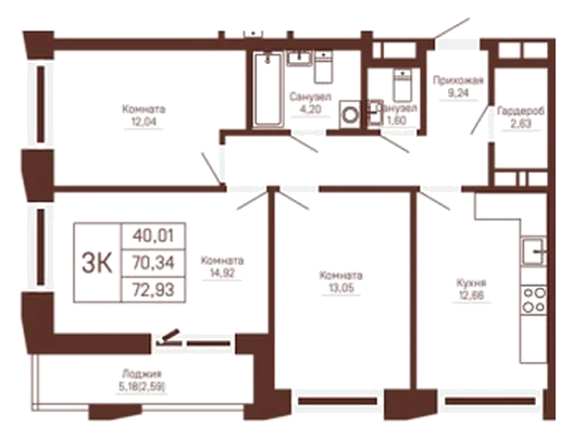 Планировка: 3-комн., 72,9 м²