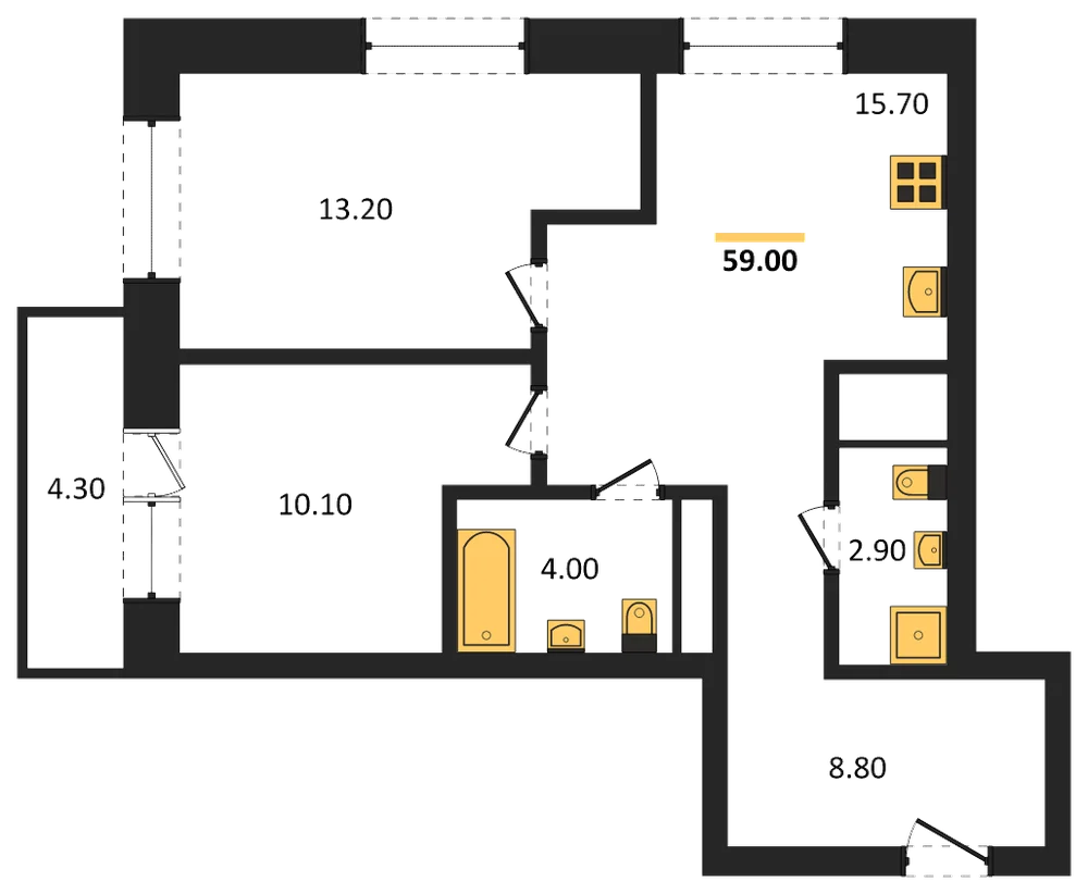 Планировка: 2-комн., 56 м²