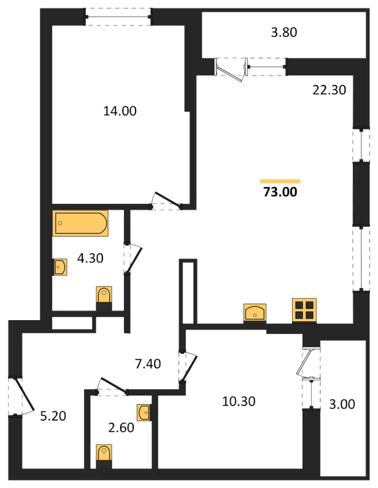 Планировка: 2-комн., 73 м²