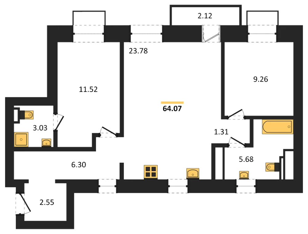 Планировка: 2-комн., 64,1 м²