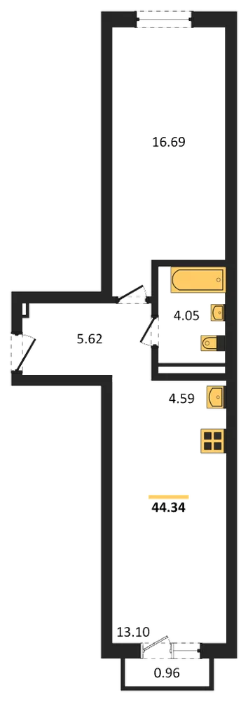 Планировка: 1-комн., 44,3 м²