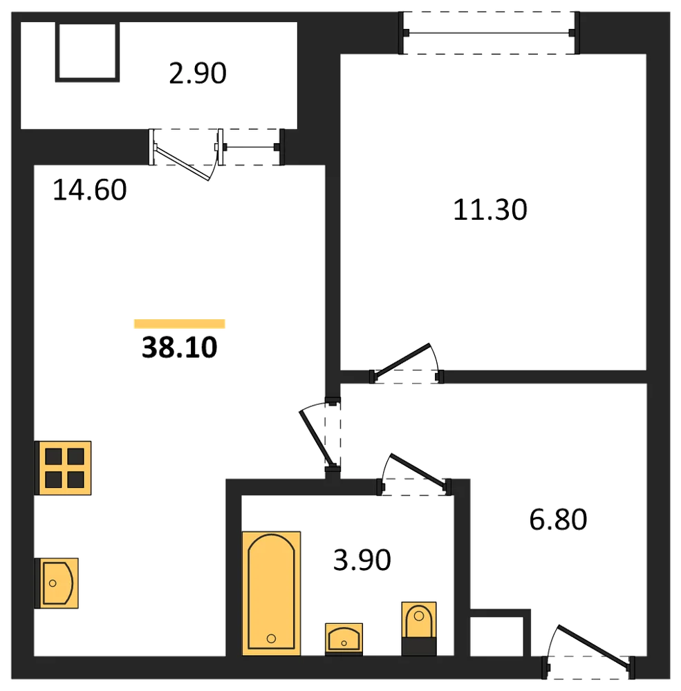 Планировка: 1-комн., 38,2 м²