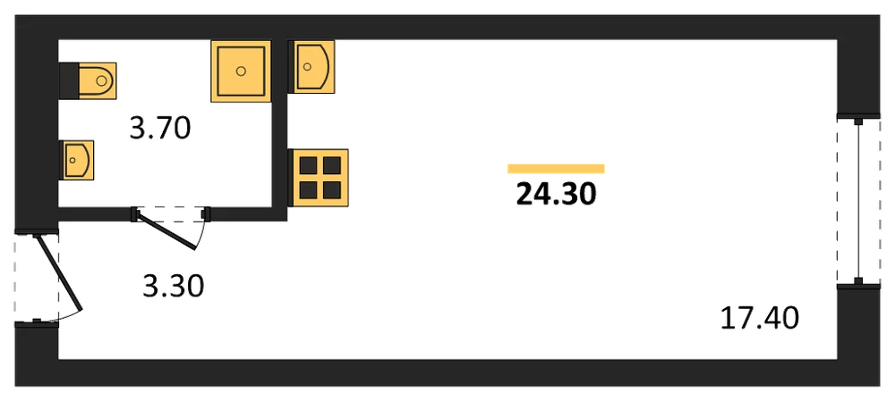 Планировка: 1-комн., 24,3 м²