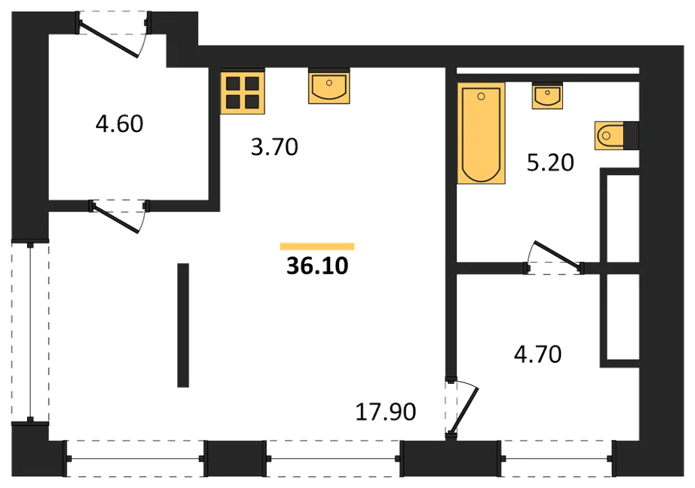 Планировка: Студия, 36,1 м²