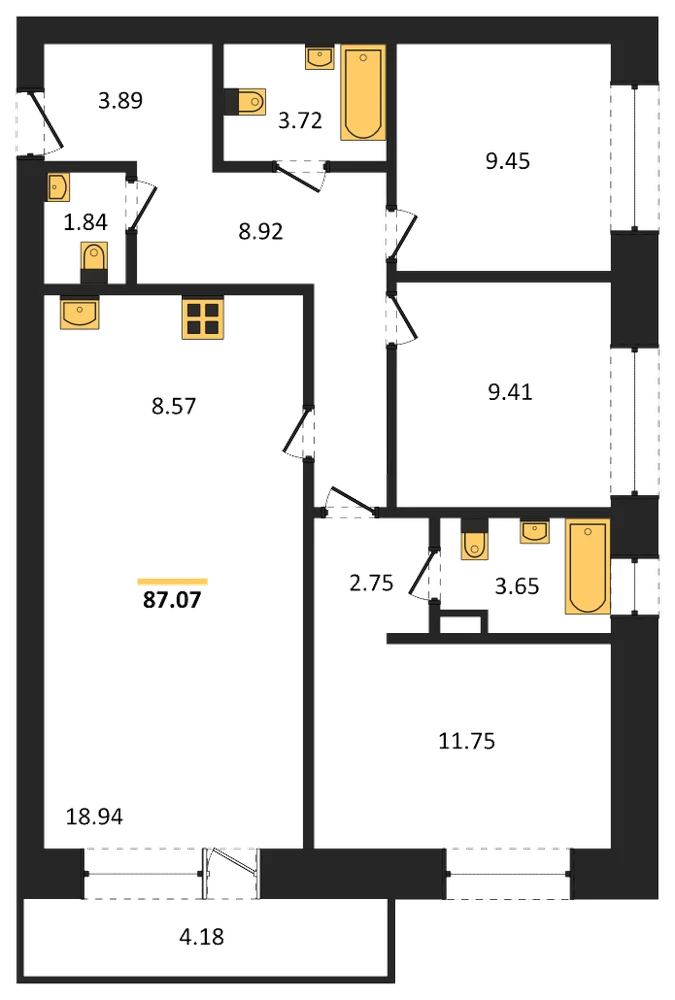 Планировка: 3-комн., 87,1 м²
