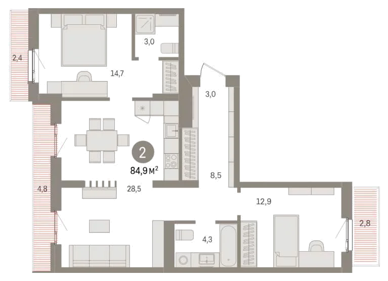 Планировка: 2-комн., 84,9 м²