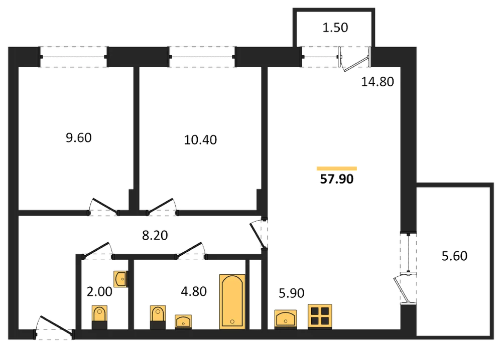 Планировка: 2-комн., 57,9 м²