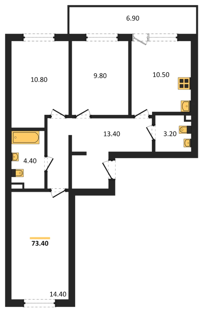 Планировка: 3-комн., 73,4 м²