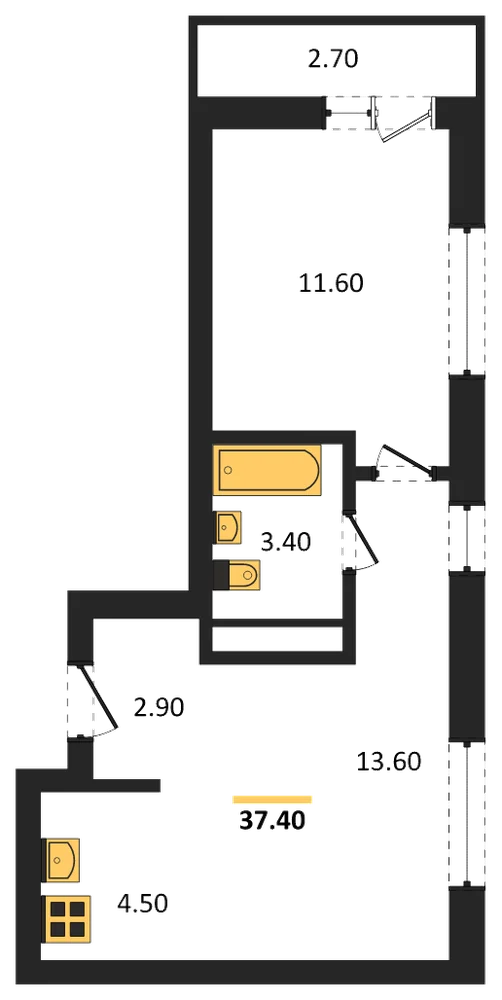 Планировка: 1-комн., 37,4 м²