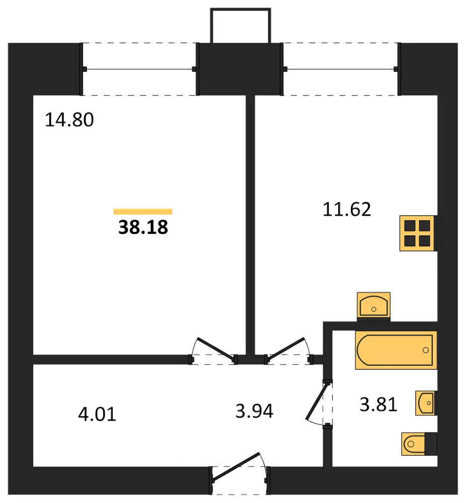 Планировка: 1-комн., 38,2 м²