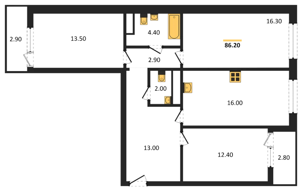 Планировка: 3-комн., 86,2 м²