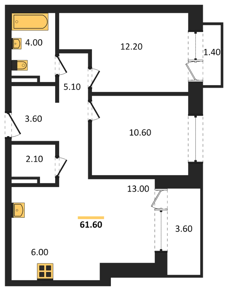 Планировка: 2-комн., 61,6 м²