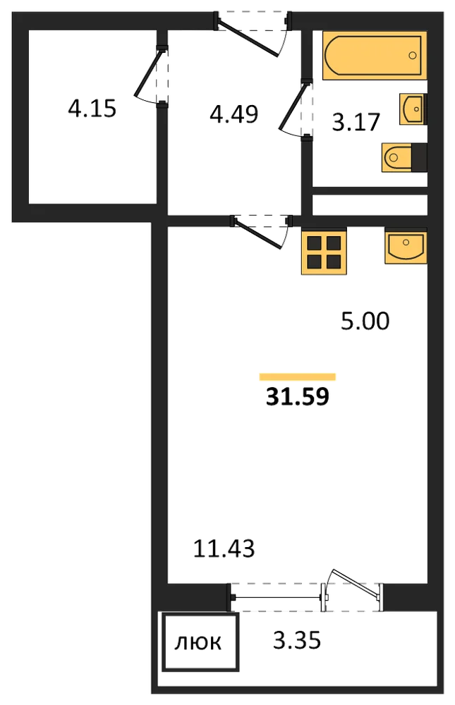 Планировка: Студия, 31,6 м²