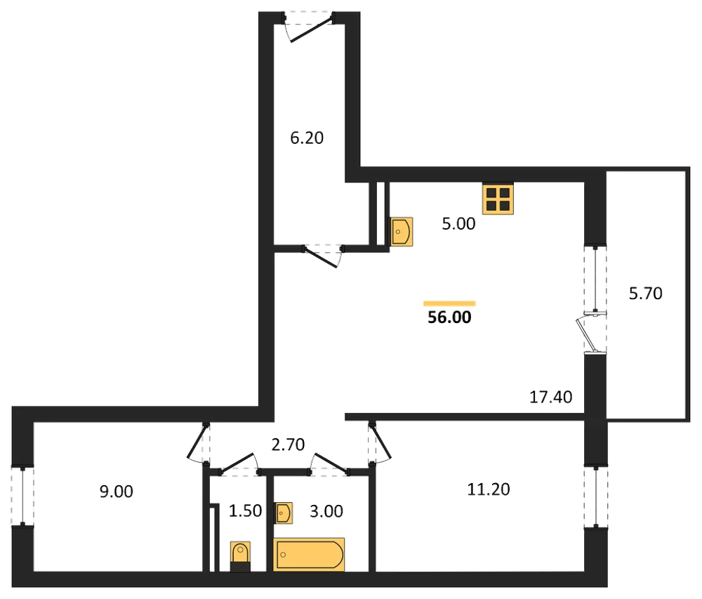 Планировка: 2-комн., 55,8 м²