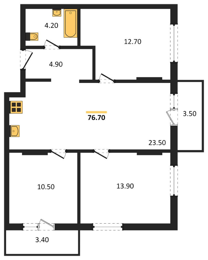 Планировка: 3-комн., 76,7 м²