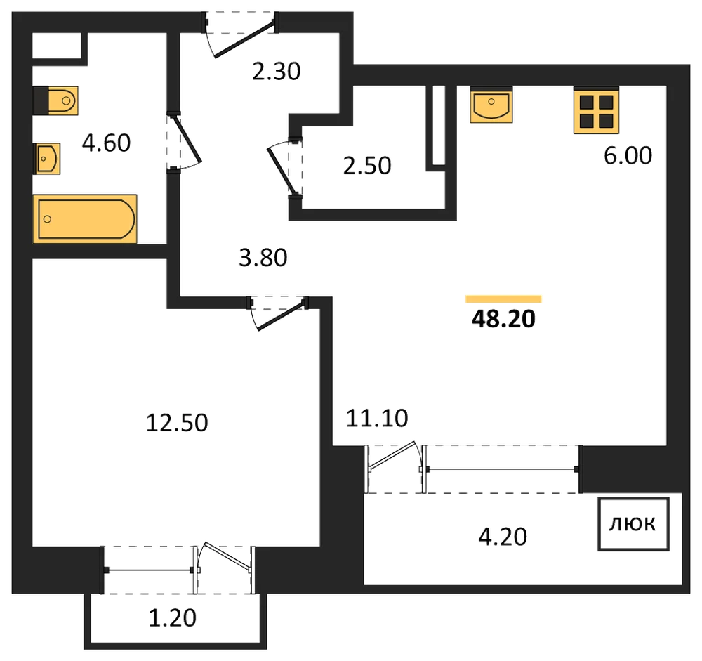 Планировка: 1-комн., 48,2 м²