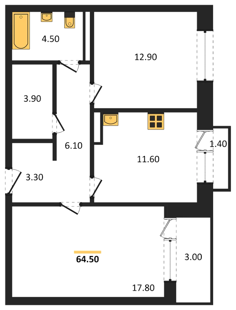Планировка: 2-комн., 64,5 м²