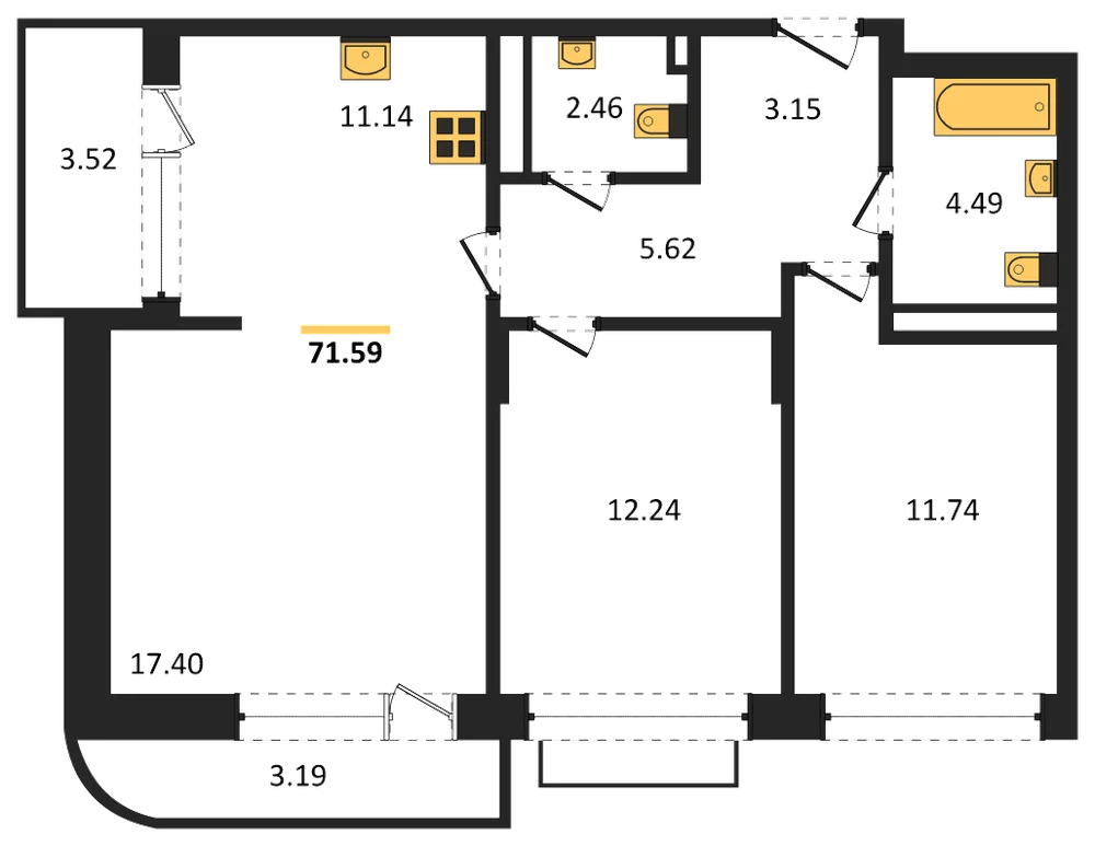 Планировка: 2-комн., 71,6 м²