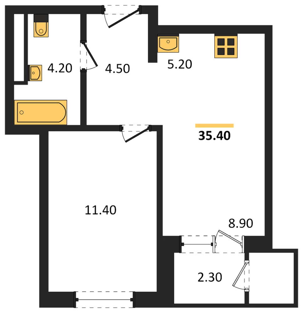 Планировка: 1-комн., 35,4 м²