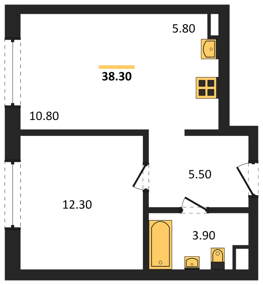 Планировка: 1-комн., 38,3 м²