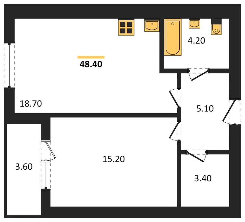 Планировка: 1-комн., 48,3 м²
