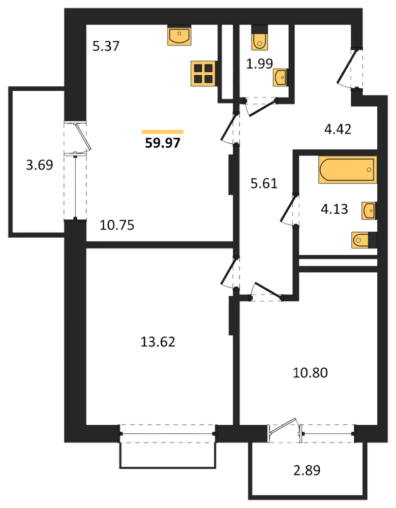 Планировка: 2-комн., 60 м²