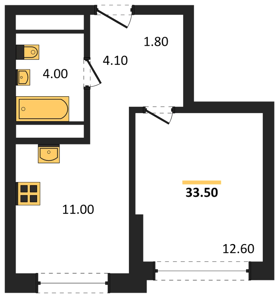 Планировка: 1-комн., 33,5 м²