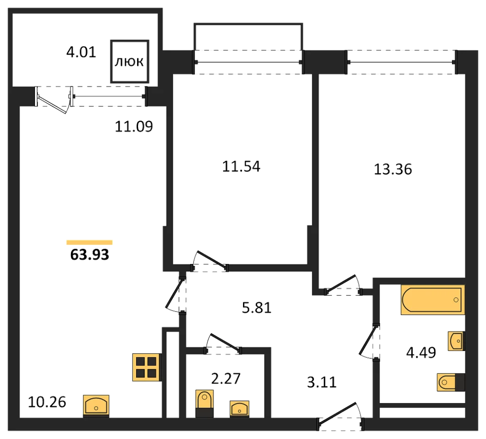 Планировка: 2-комн., 63,9 м²
