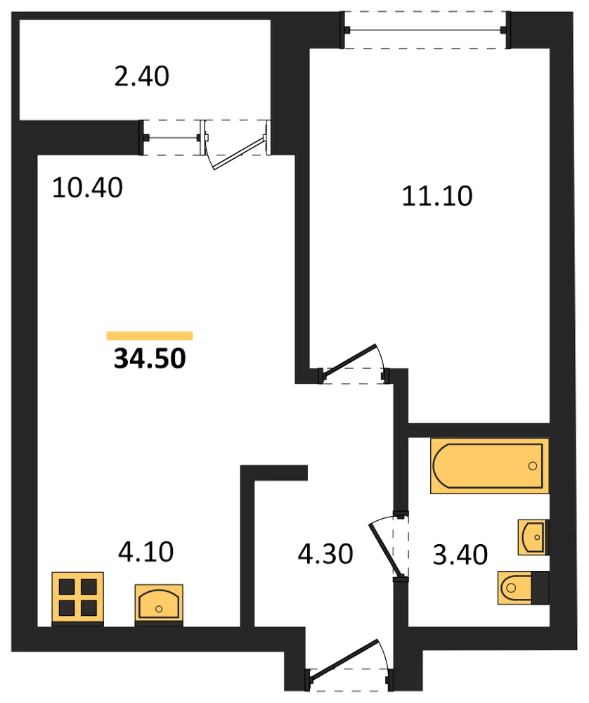Планировка: 1-комн., 34,5 м²
