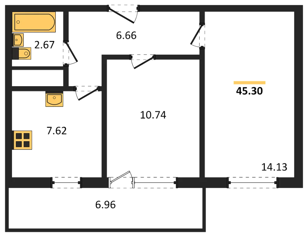 Планировка: 2-комн., 45,3 м²