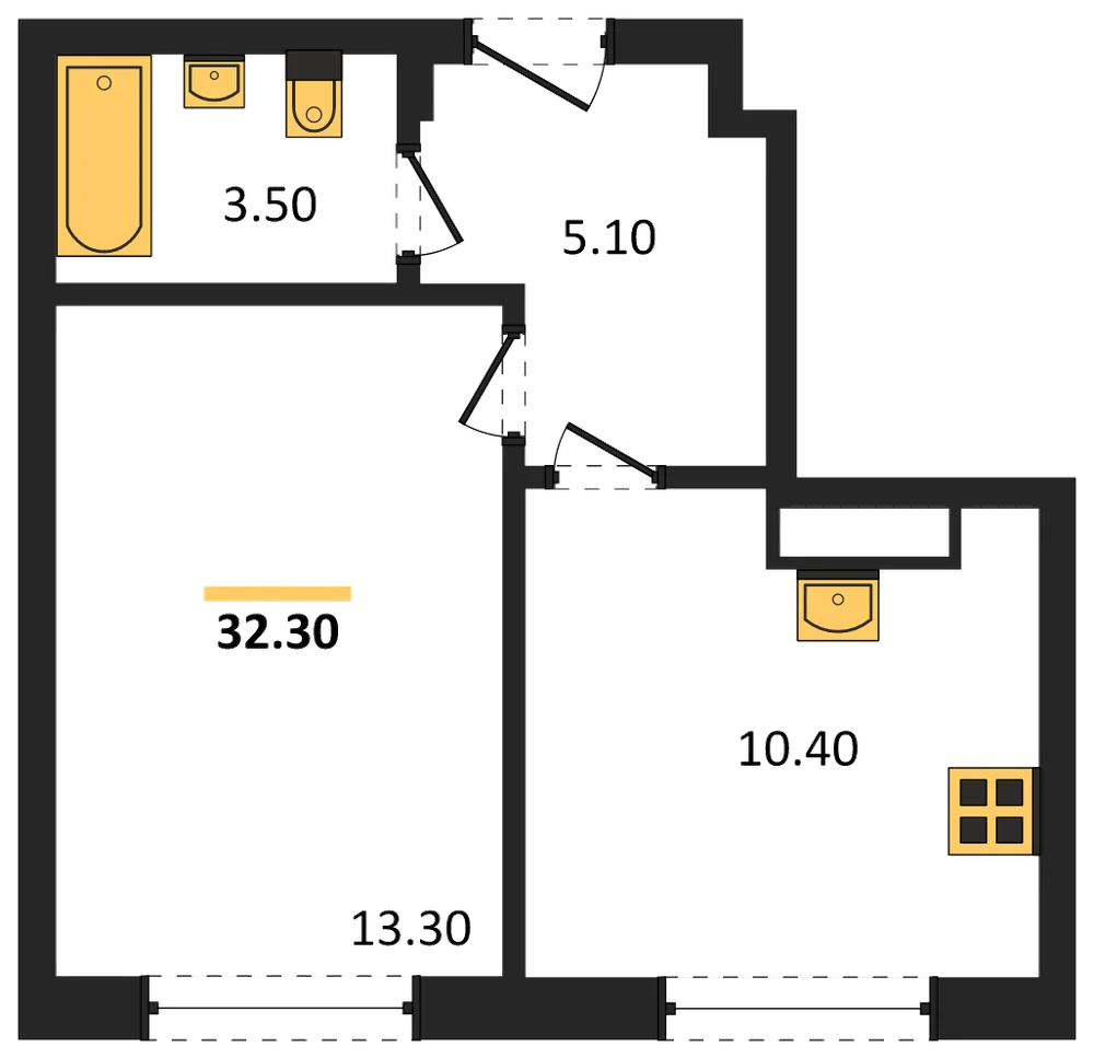 Планировка: 1-комн., 32,3 м²