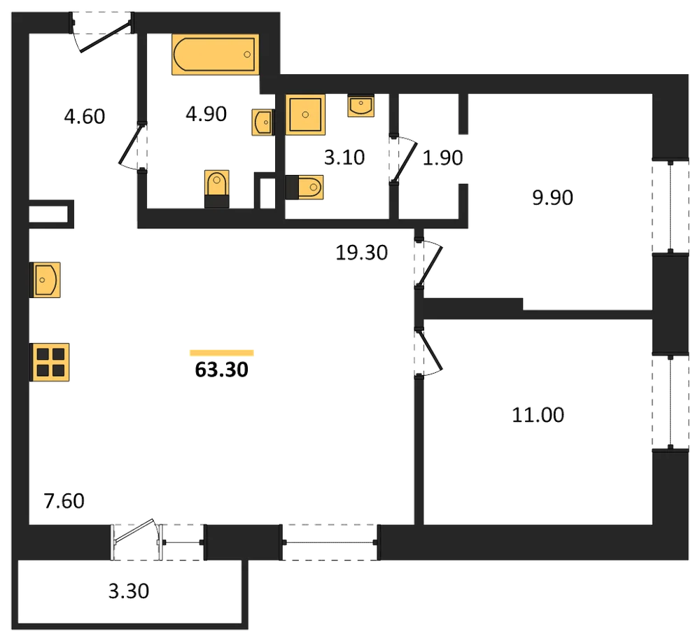 Планировка: 2-комн., 63,3 м²
