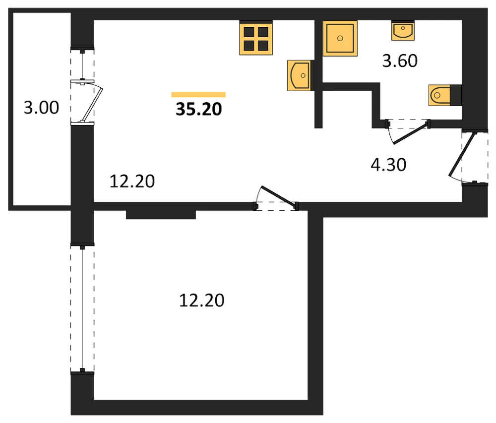 Планировка: 1-комн., 35,2 м²