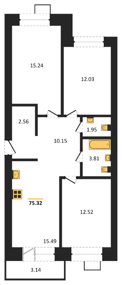 Планировка: 3-комн., 75,4 м²