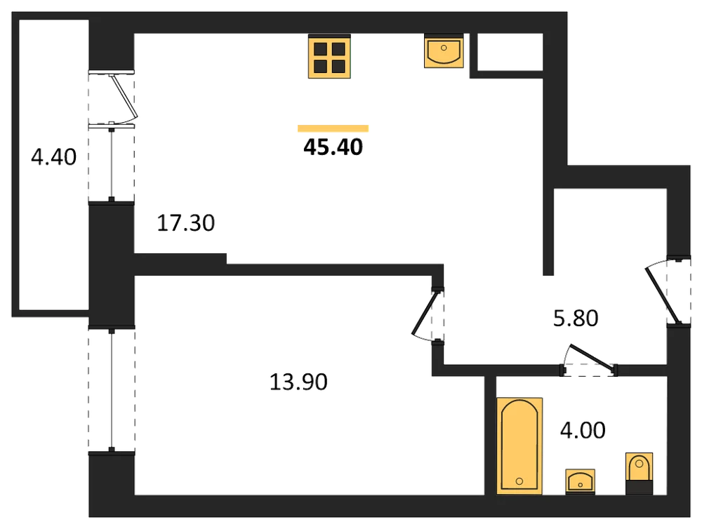 Планировка: 1-комн., 42,3 м²