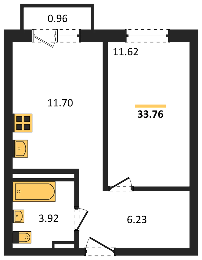 Планировка: 1-комн., 33,8 м²